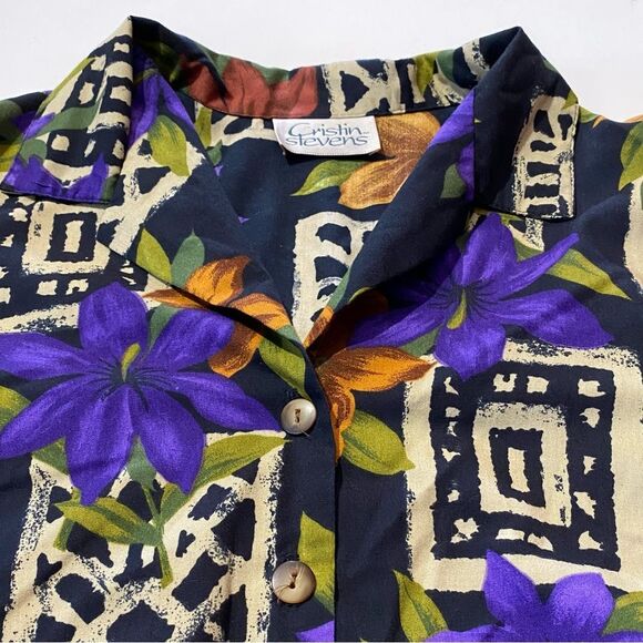 Vintage Cristin Stevens Floral Tribal Print Short Sleeve Button Up Blouse Size M - Picture 4 of 14